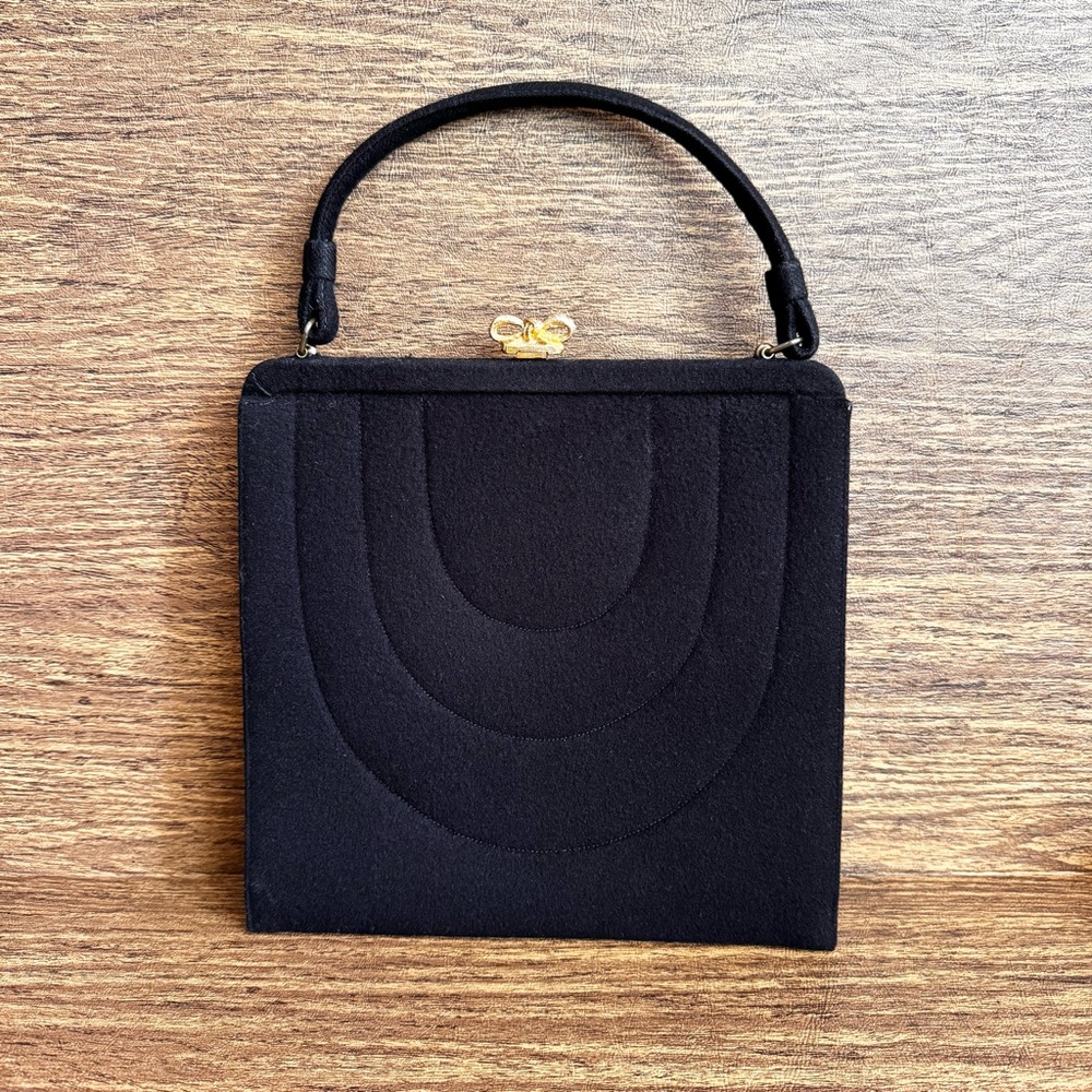 Vintage 1950s Mid-Century Crown Lewis Black Wool‎ Purse Handbag Evening Casual